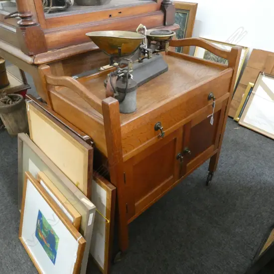 OAK 1940'S DOUBLE DOOR AND SIGNLE DRAW TROLLEY  H. 800 MM L. 730 MM D. 400 MM