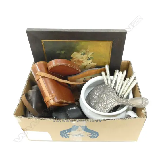 BOX LOT BINOCULARS, YASHICA CAMERA ETC