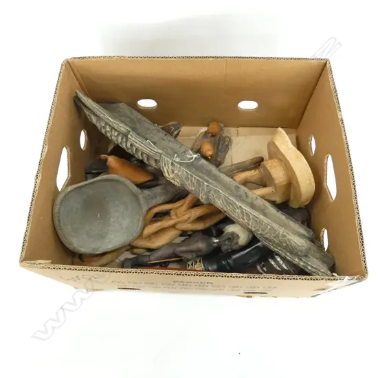 LG BOX LOT CARVED WOOD, FIGURES, SPOON, QUAILS, ETC,,