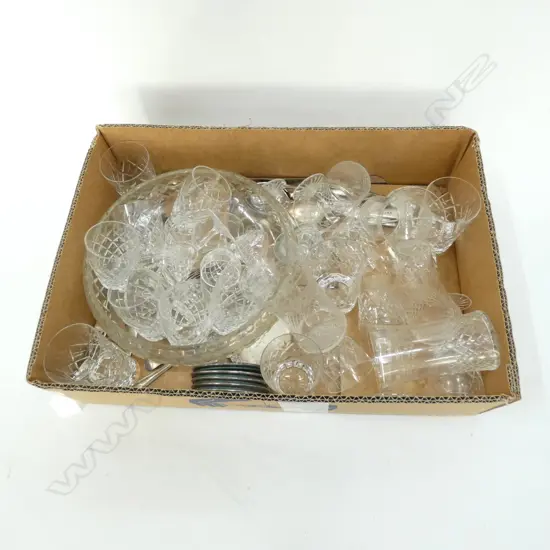 BOX LOT ASST. CRYSTAL, CUTLERY ETC
