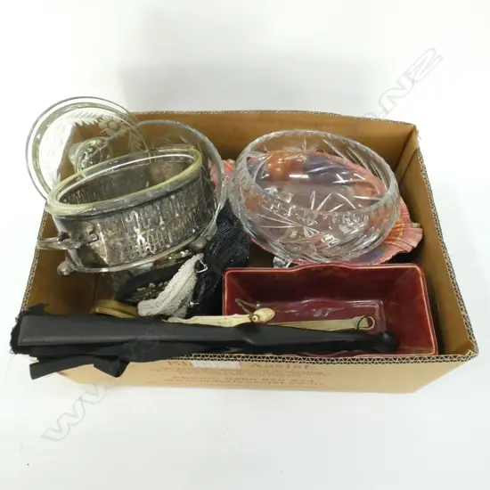 BOX LOT FANS, CRYSTAL BOWLS ETC