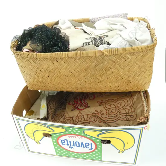 BOX AND MOSES BASKET OF VINTAGE FABRICS ETC