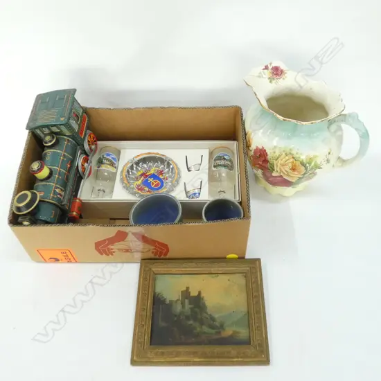 BOX LOT LGE VICT. JUG, TIN TRAIN ETC