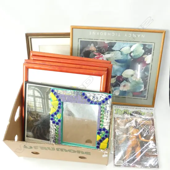 4 FRAMED BABER PRINTS / MOSAIC MIRROR + 3 FRAMED PRINTS+ R/STONE MAGS