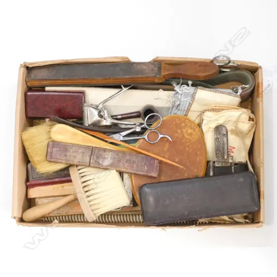 BOX LOT ASST. BARBERS ACCESSORIES; RAZOR STROPS, BRUSHES ETC