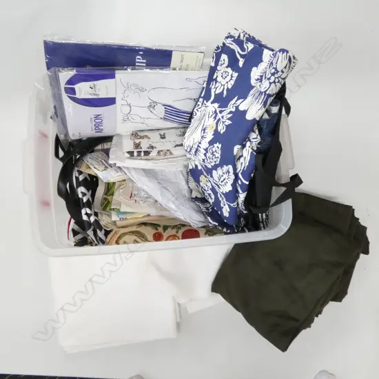 BOX LOT NEW APRONS, TEA TOWELS, 12 DAMASK NAPKINS ETC