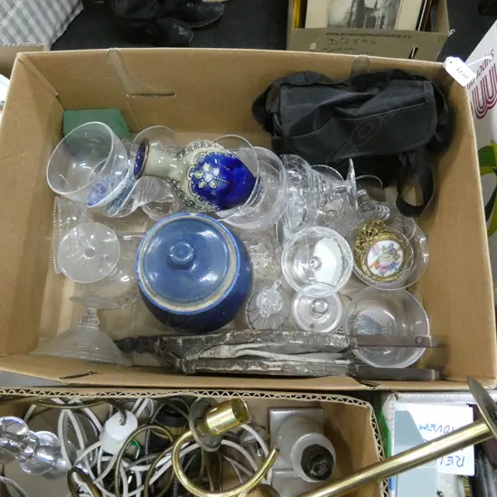 BOX LOT CRYSTAL, BINOCULARS ETC