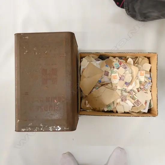 BOX OF OLD STAMPS + HUDSON BREAD TIN 