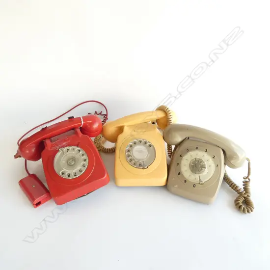 3 OLD DIAL TELEPHONES; RED / GREY & CREAM - DAMAGE TO FACE OF RED PHONE