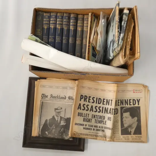 BOX LOT 'THE GOLDEN PATHWAY' BOOKS, STAMPS, MIDDLE EARTH MAP, NEWSPAPERS ETC