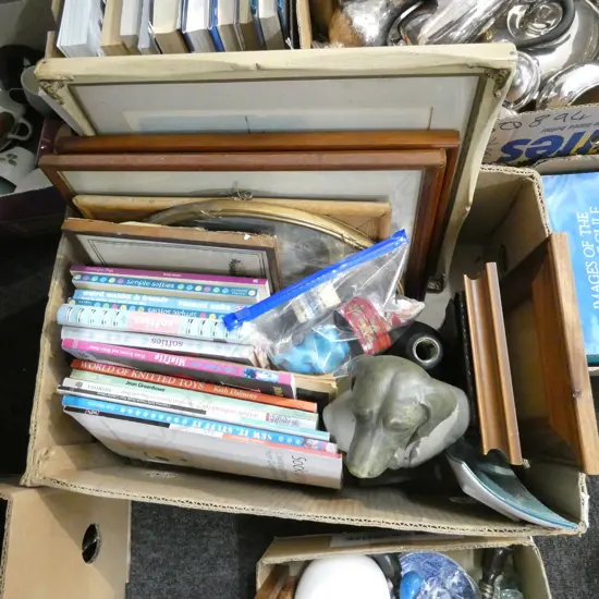 BOX LOT KNITTING BOOKS, ARTWORKS ETC