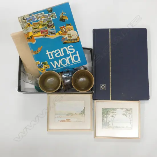 BOX LOT STAMP ALBUMS, GOBLETS, ETC