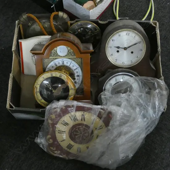 7 ASST MANTLE AND WALL CLOCKS + WOODEN CLOCK FACE