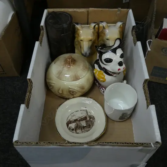 SMALL BOX LOT COLLECTABLES INCL. NZ SOUVENIR WARE CHINA & OLD MICKEY MOUSE JUG