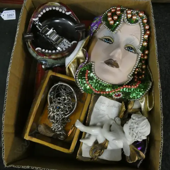 BOX LOT CAPT. COOK VOYAGES BOOK, 2 VENETIAN MASKS, FAUX CARTIER WATCH ETC