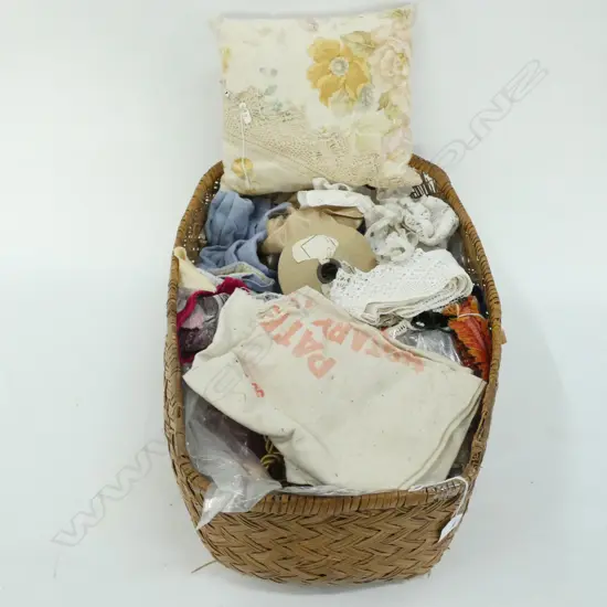 1/2 MOSES BASKET WITH ASST VINTAGE SEWING MATERIALS ETC
