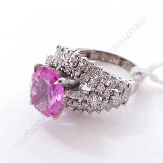 4CT WHITE GOLD SYNTHETIC PINK SAPPHIRE AND DIAMOND RING