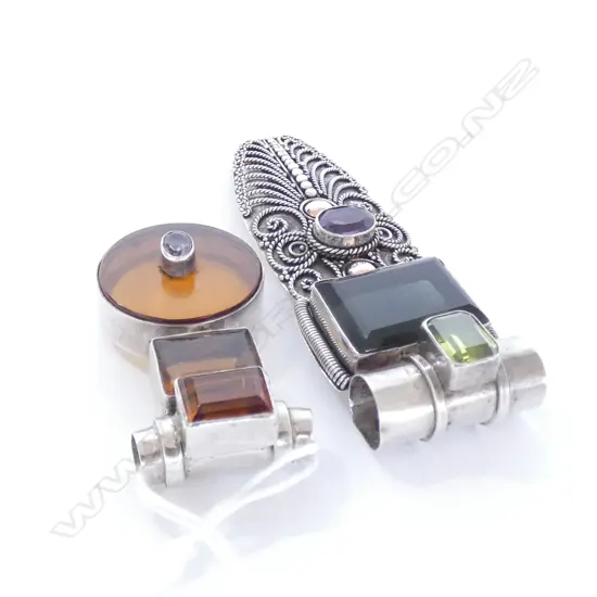 2 925 SILVER DECO STYLE PENDANTS; COLOURED STONES