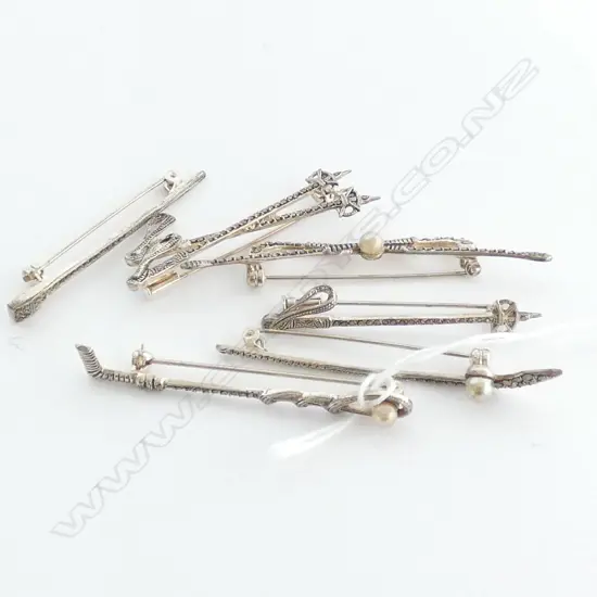 6 835 SILVER MARCASITE & CULTURED PEARL BROOCHES; SPORTS THEME 