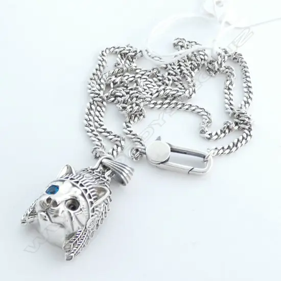 STERLING SILVER NECKLACE FINE CHAIN LINK WITH CAT HEAD PENDANT AF 65MM 31.5GM M 85G