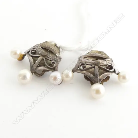 ART NOUVEAU CLIP ON CULTURED PEARL & STG SILVER(?) EARRINGS 