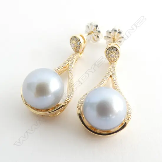 STERLING SILVER EARRINGS GOLD PLATED COLOURED FRESHWATER PEARLS WITH CZ IN DECORATIVE SETTING