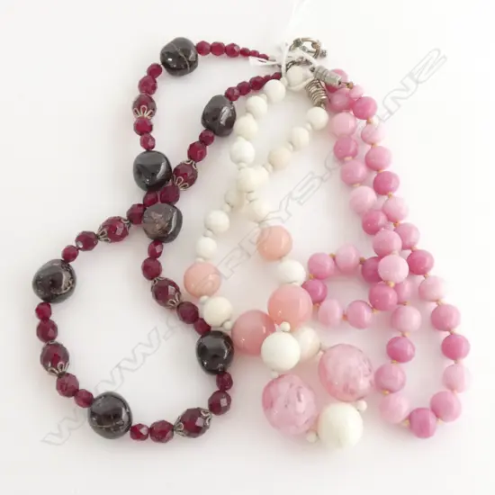 3 MURANO GLASS BEAD NECKLACES - 2 PINK & 1 BURGUNDY 