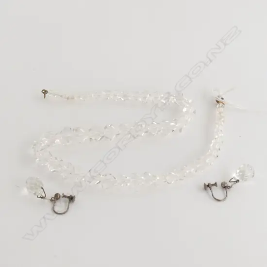 OLD CRYSTAL GLASS BEADED NECKLACE & SCREW EARRINGS
