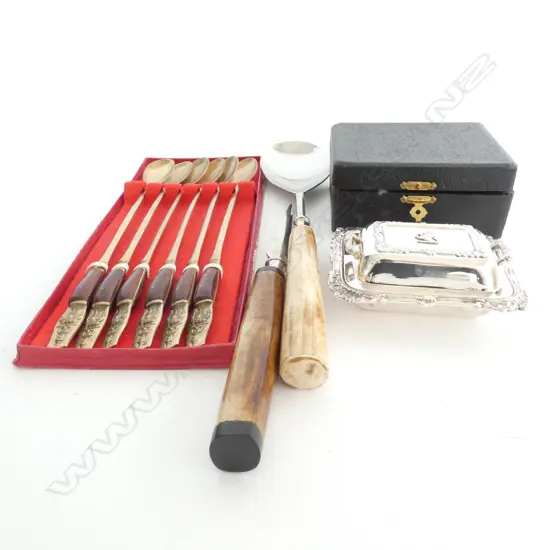 BOX ASSORTED - 6 GOLD PLATE THAI SPOONS / FAUX BONE LETTER OPENER & SPOON & BOX EP SAUCE DISH & LID