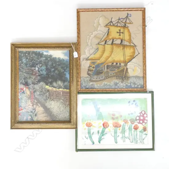 3 ARTWORKS; GALLEON TAPESTRY 485 X 395MM, GARDEN OIL, CHILDS PICTURE