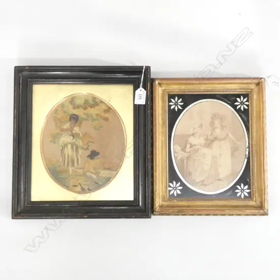 2 ANTIQUE ARTWORKS; EMBROIDED GEORGIAN SATIN STITCH COUPLE 250 X 220MM + PRINT IN REVERSE PAINTED & GILT FRAME