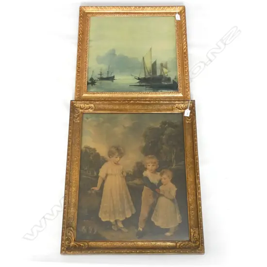 2 GILT FRAMED PRINTS; JOHN HOPPNER 'THE SACKVILLE CHILDREN' 610 X 490MM + JAN VAN DE CAPPELLE 'A CALM' 