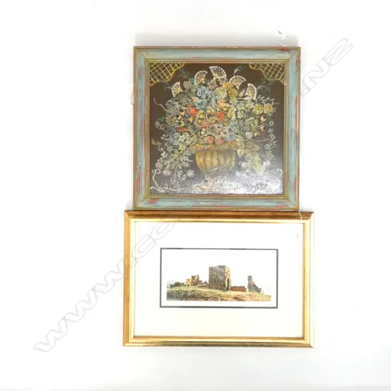 2 ARTWORKS; W/C TEMPLE RUINS + DUTCH STYLE STILL LIFE 365 X 375MM