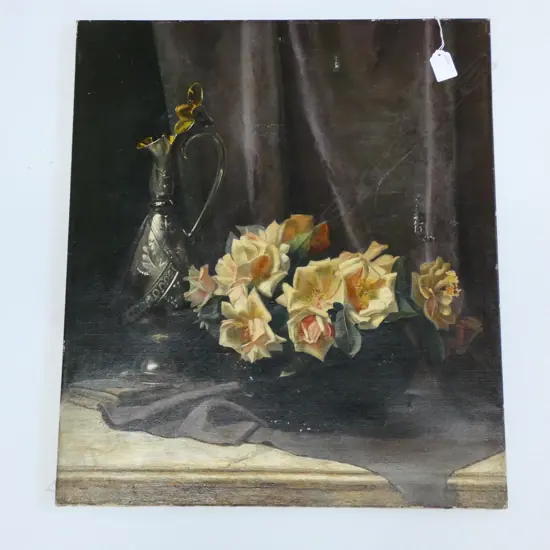 OIL ON CANVAS - STILL LIFE ROSES & CLARET JUG (DAMAGED)