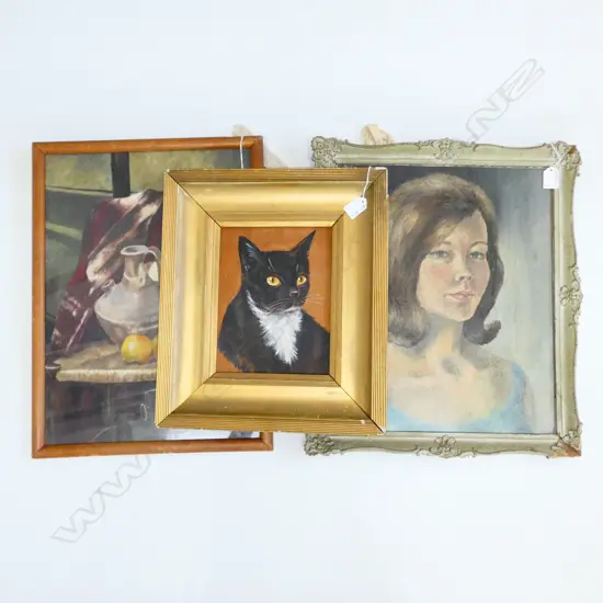 3 ARTWORKS; OIL PORTRAIT 430 X 360MM, STILL LIFE, CAT GILT FRAME