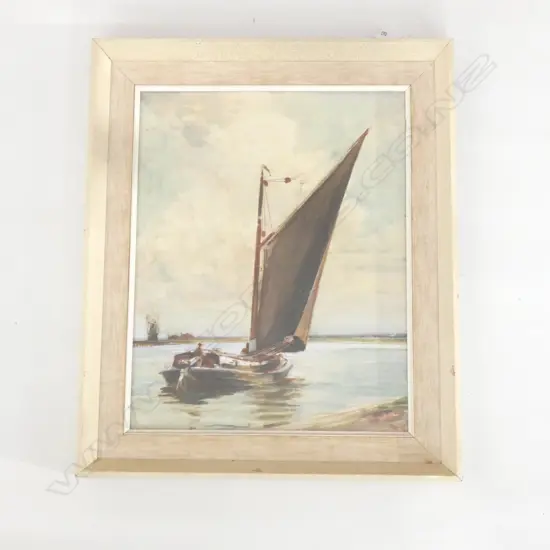 Charles Mayes WIGG (1889-1969), SIGNED W/C, A WHERRY BOAT ON A RIVER, NORFOLK BROADS. 325 x 255mm