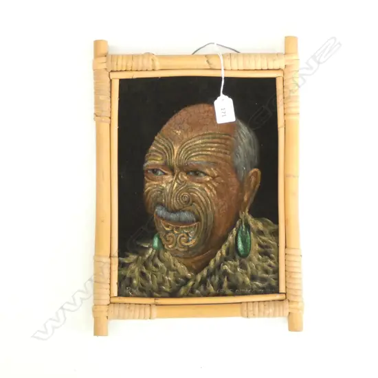 HAND PAINTED ON VELVET MAORI CHIEF PATARA TE TUHI - SIGNED RW - BAMBOO FRAME. 280 X 210MM