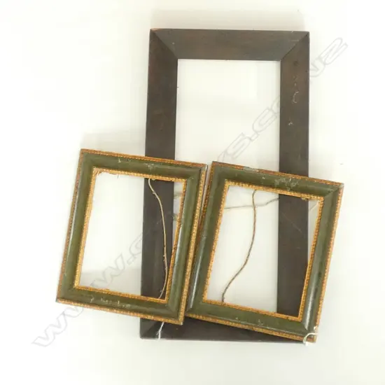 PR GREEN FINE GILT RIMMED FRAMES (310 X 370MM) & ONE LG OLD WOODEN FRAME (735X380MM)...