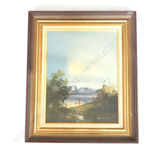 FRAMED OIL ON BOARD LAKE SCENE - SIGNED BUT ILLEGIBLE 340 X 450MM