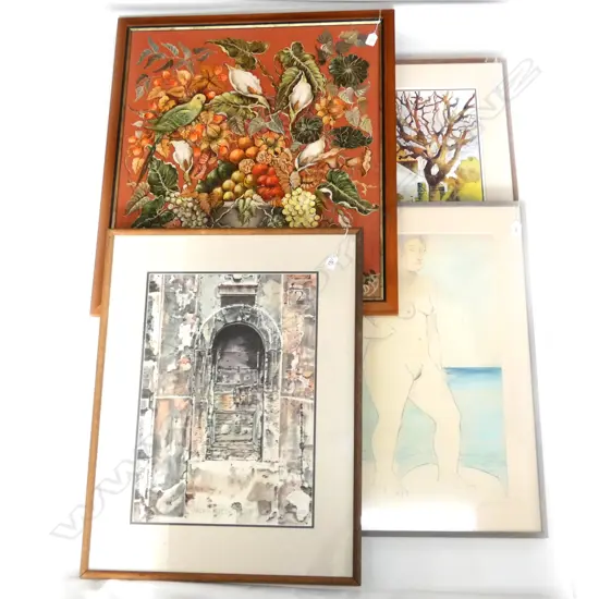 4 ARTWORKS; STORAGE DOOR W/C, PETER MCINTYRE CHURCH PRINT, SIGNED CONTE NUDE, STILL LIFE 750 X 655MM 