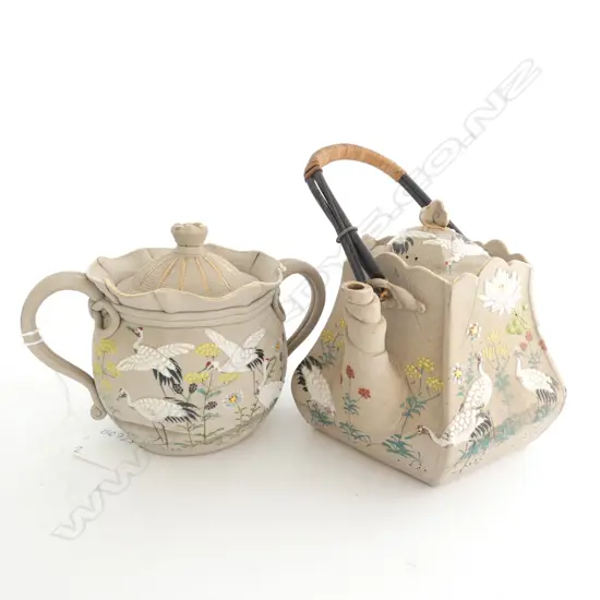 JAPANESE STUDIO POTTERY TEAPOT & LIDDED SUGAR BOWL -  MARKS TO BASE...