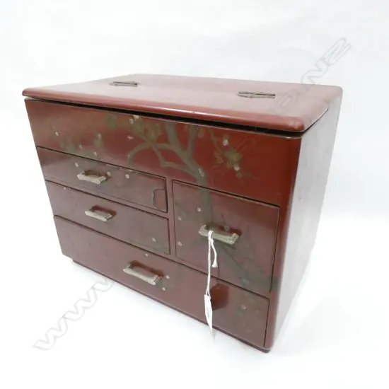 VINTAGE JAPANESE ‘HARI-BAKO’ SEWING BOX - RED LACQUER - TOP HINGED TRAY  & 4 DRAWERS 315 X 205 X 250MM