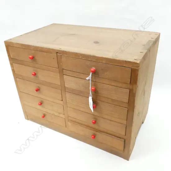VINTAGE JAPANESE SMALL COLLECTORS BOX - 10 DRAWERS - RED CERAMIC HANDLES (ONE WITH DAMAGE) 360 X 210 X 275MM