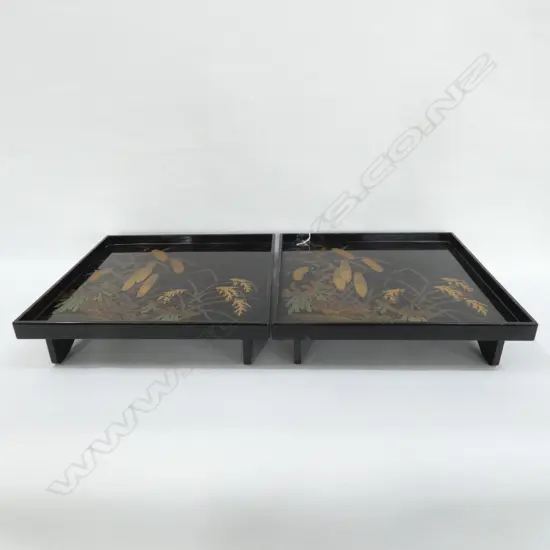 PAIR OF LACQUERED CEDAR 19TH CENTURY TRAYS WITH APPLIED MAKI-E GILDED GRAINS 310 x 310 x 70MM