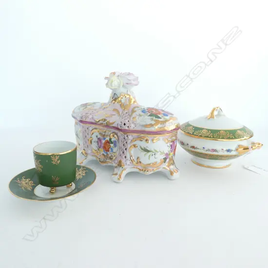 3 LIMOGES PCS. ORNATE LIDDED CONTAINER (L 210MM) SAUCE DISH & DEMI CUP & SAUCER