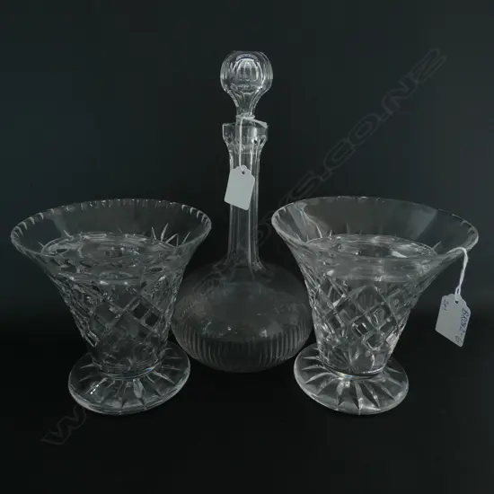 PR CRYSTAL VASES (H. 155. DIA 160MM) WITH FLOWER FROGS & GLASS DECANTER 