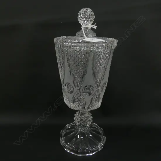 PRESSED GLASS LIDDED STEMMED VASE  H. 300MM