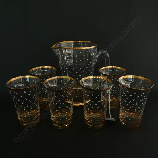 GLASS JUG & 6 WATER GLASSES - GOLD RIMS & WHITE POLKA DOTS. 