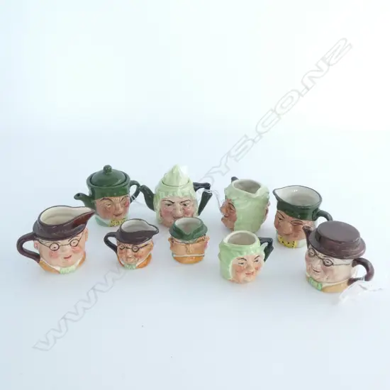 3 SETS ARTONE MINIATURE HAND PAINTED TOBY SETS; EACH SET HAS 2 JUGS & A TEAPOT H. 65MM