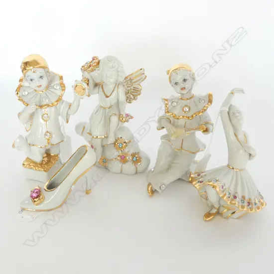 4 CAPODIMONTE WHITE & GOLD PORCELAIN FIGURES + ONE SHOE. ALL HAVE SWAROVSKI CRYSTALS